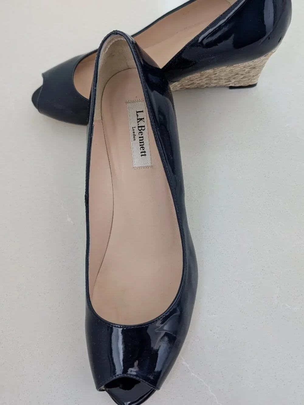 L.K. Bennett Edee Peep-Toe Patent Leather Espadrille Wedge–Navy Blue–US 9.5